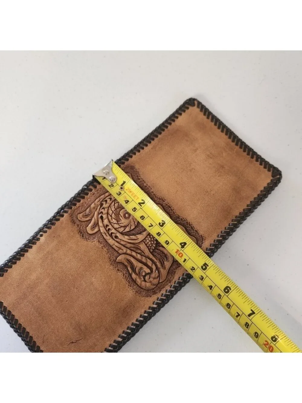 Vintage Tooled Brown Leather Wallet Mens Handmade 1970s Western Boho Cowboy 70s